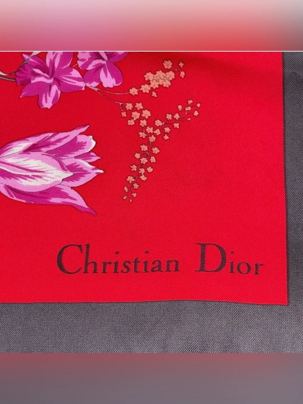 CHRISTIAN DIOR Vintage 80’s Rare Romantic 100% Silk Red Floral Square Scarf